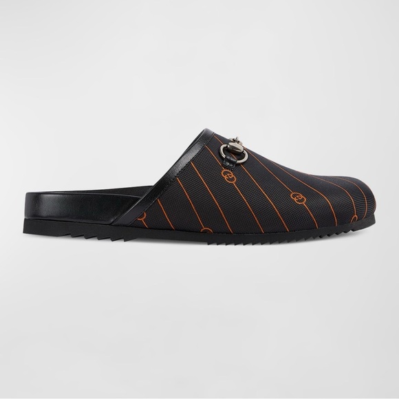Gucci NEW men’s 11.5 Black Slip-On Loafers with Orange Pinstripe Silver Horsebit